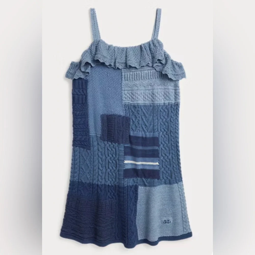 Ralph Lauren Girls Patchwork Cotton Sweater Dress in Blue - Size XL, M